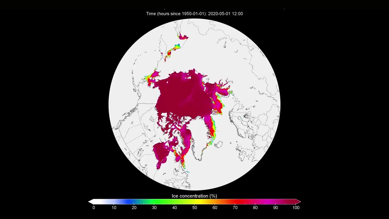 太空看地球：这是2020年5月1日至26日北极海冰融化过程